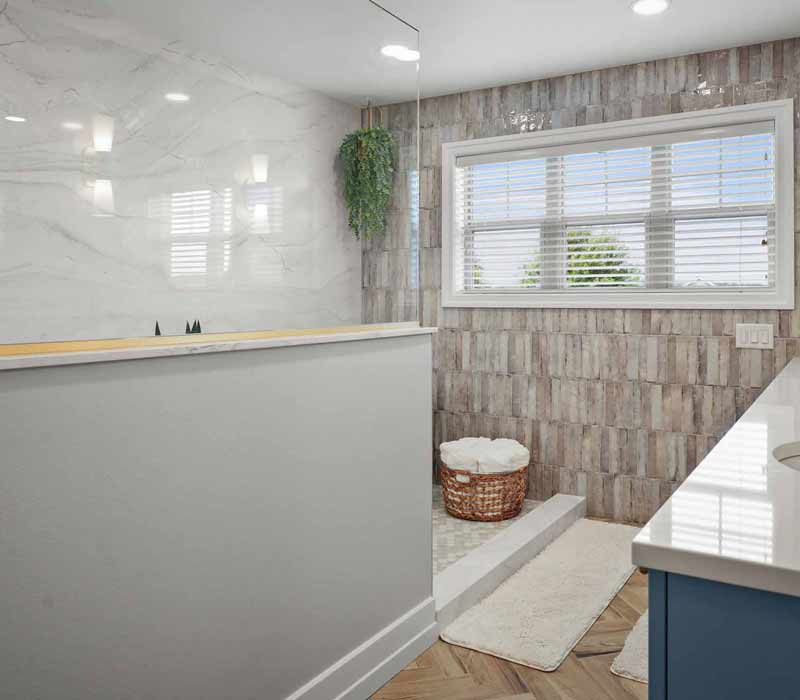 A primary suite was reimagined as a sanctuary of comfort and elegance, while the kids’ bath received a stylish refresh designed to grow with the family.