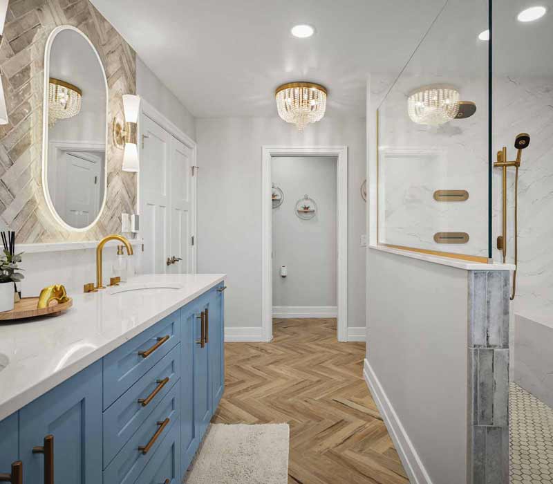 A primary suite was reimagined as a sanctuary of comfort and elegance, while the kids’ bath received a stylish refresh designed to grow with the family.