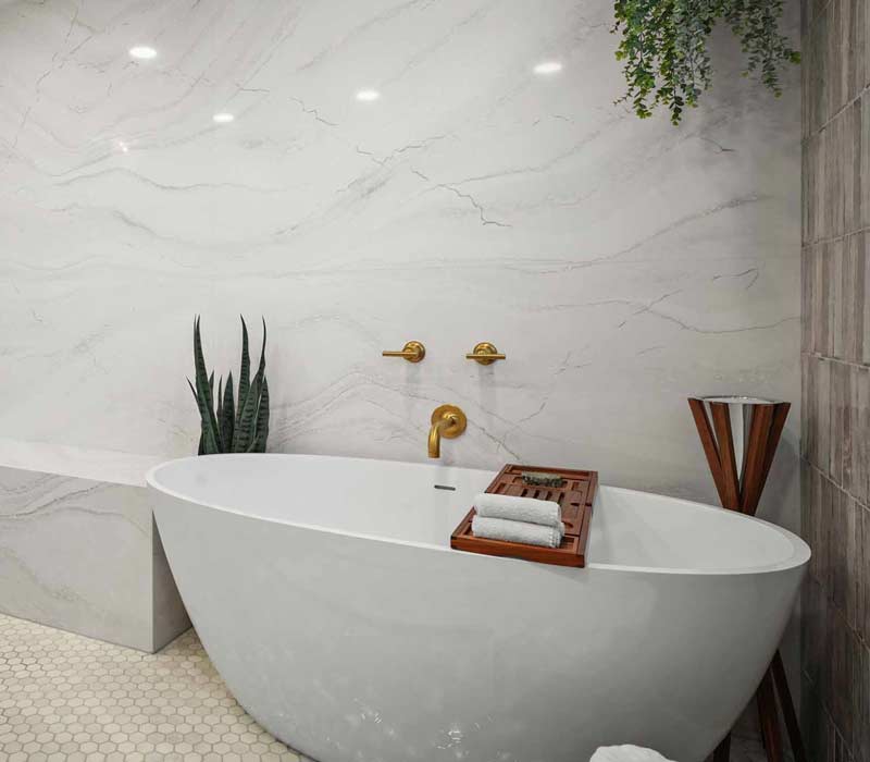 A primary suite was reimagined as a sanctuary of comfort and elegance, while the kids’ bath received a stylish refresh designed to grow with the family.