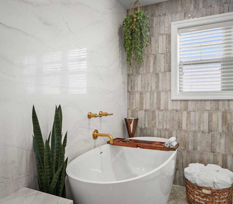 A primary suite was reimagined as a sanctuary of comfort and elegance, while the kids’ bath received a stylish refresh designed to grow with the family.