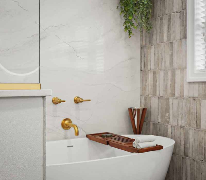 A primary suite was reimagined as a sanctuary of comfort and elegance, while the kids’ bath received a stylish refresh designed to grow with the family.