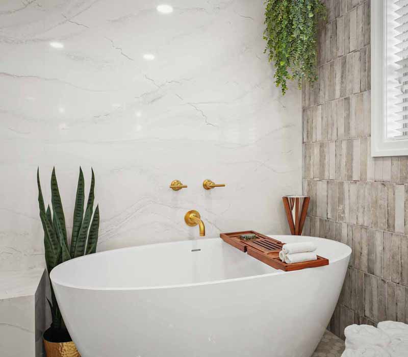 A primary suite was reimagined as a sanctuary of comfort and elegance, while the kids’ bath received a stylish refresh designed to grow with the family.