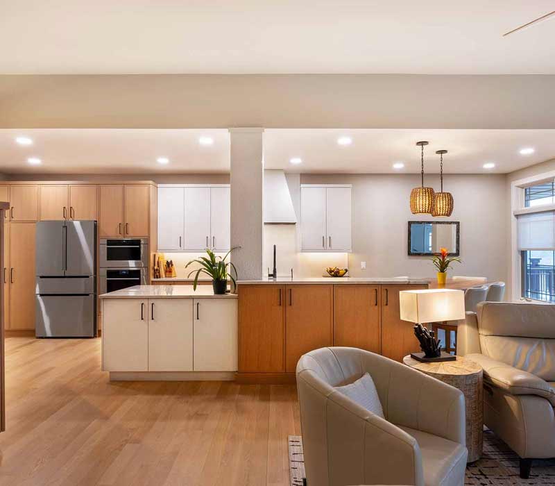 This full kitchen remodel blends natural warmth with refined modernity, crafting a space that is as inviting as it is impeccably tailored. It features custom DHDK cabinetry, Taj Majal quartzite, Bosch stainless steel appliances, and intuitive storage options.