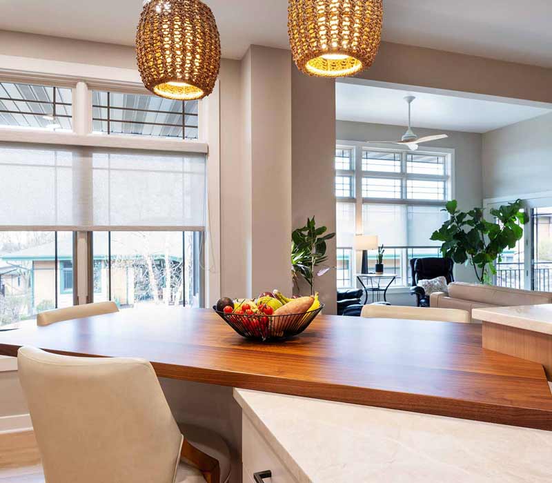 This full kitchen remodel blends natural warmth with refined modernity, crafting a space that is as inviting as it is impeccably tailored. It features custom DHDK cabinetry, Taj Majal quartzite, Bosch stainless steel appliances, and intuitive storage options.